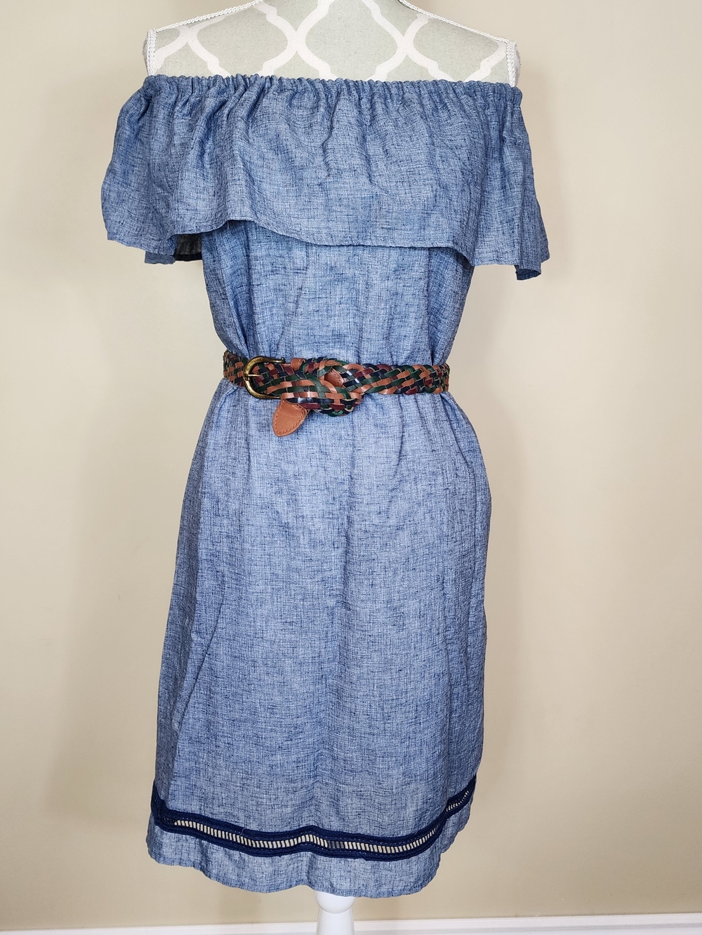 Alison Andrews Blue Off Shoulder Shift Dress Ruffle Neckline Small Linen Blend